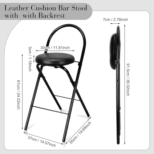 24-Inch Folding Bar Stools with Backrest, 4-Piece Set - Black Leather Padded