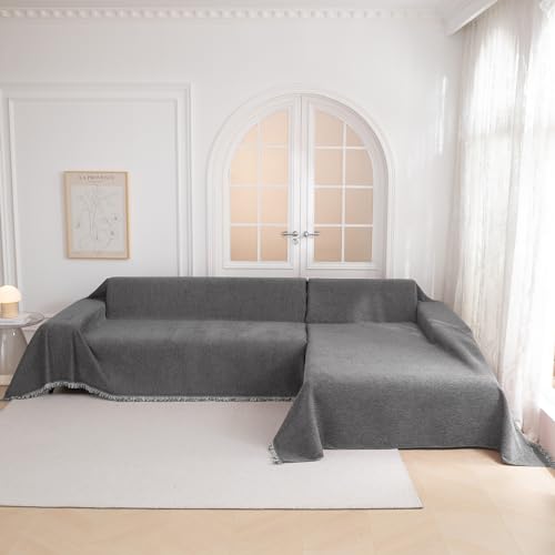 Non-Slip Chenille Couch Cover for Pets - Washable Sofa Throw, 71" x 118", Dark Grey