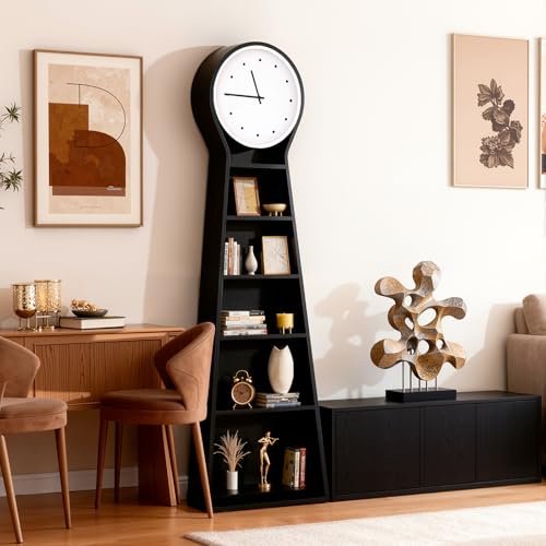 5-Tier Solid Oak Bookshelf with Silent Quartz Floor Clock Storage Cabinet