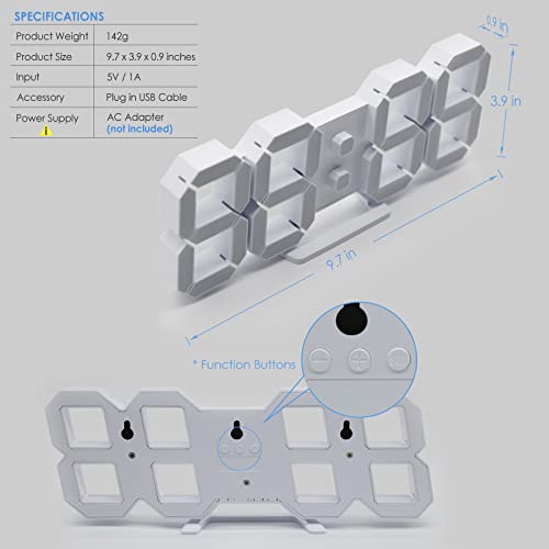 3D LED Digital Wall & Desk Clock with Remote Control - 9.7" Display