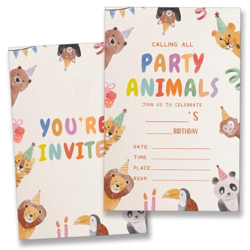 Cute Animal Birthday Invitations with Envelopes, 20-Pack Fill-In Cards