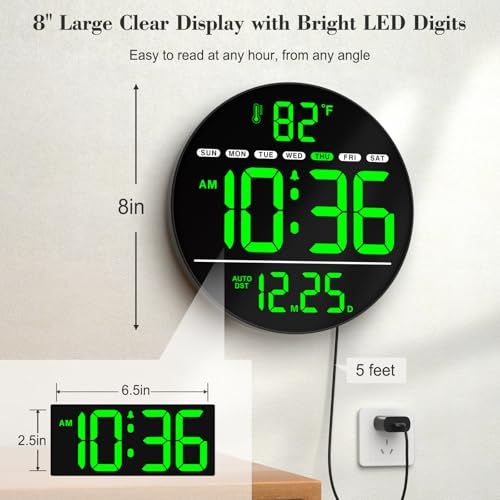 Large Digital LED Wall Clock with Temperature, Date, and 5-Level Dimmer