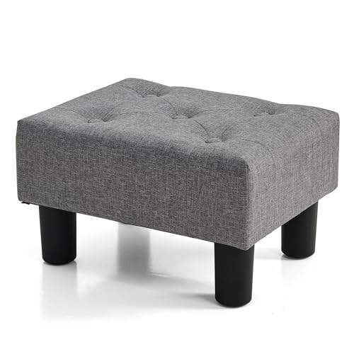 Linen Small Footstool Ottoman with Storage and Solid Wood Legs, Gray