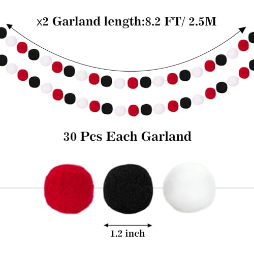 jijAcraft Black Red White Felt Ball Garland 2-Pack, 8.2ft Each - Halloween & Holiday Pom Pom Garlands