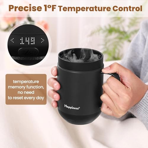 Happiness 16oz Self-Heating Coffee Mug with Temperature Control & Spill-Resistant Lid - Black