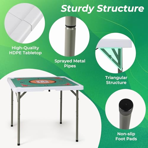 Foldable 35-Inch Mahjong Table with Mat, Cup Holders & Carrying Handle