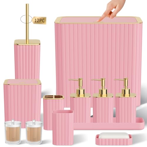 12-Piece Pink Bathroom Accessory Set with Trash Can and Soap Dispenser