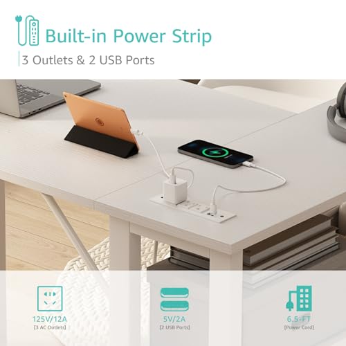White 47-Inch L-Shaped Corner Computer Desk with Outlets & Drawers