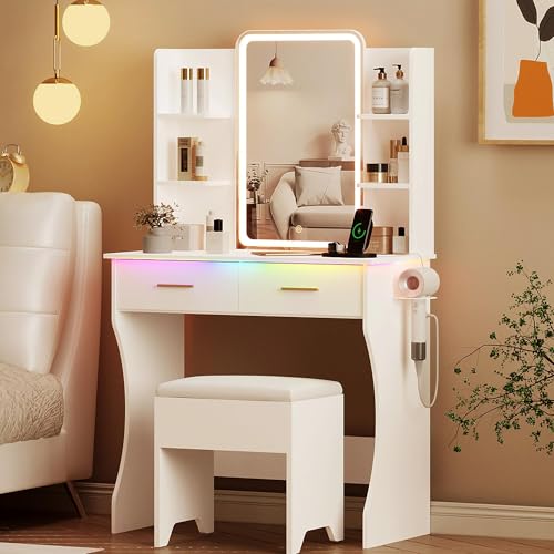 Makeup Vanity Desk with LED Mirror, Power Outlet, RGB Lights & Stool