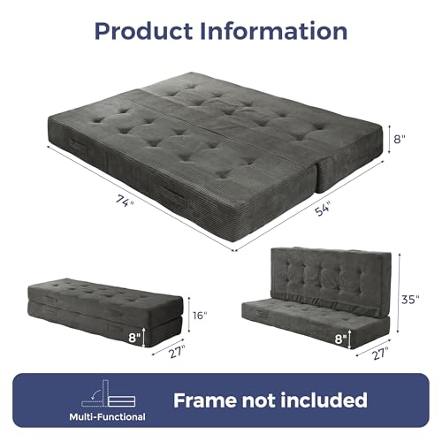 8-Inch Foldable Tufted Floor Mattress and Sofa Bed, Dark Grey