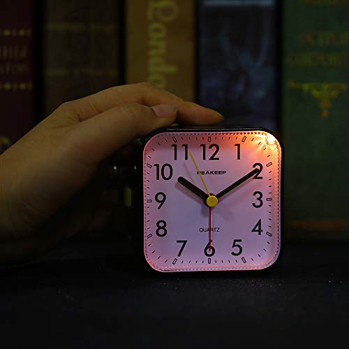 Small Analog Travel Alarm Clock, Silent Non-Ticking with Light and Snooze