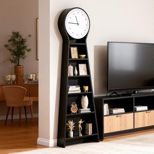 5-Tier Solid Oak Bookshelf with Silent Quartz Floor Clock Storage Cabinet