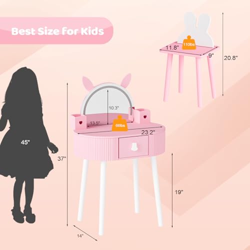 Kids Vanity Set with Lighted Mirror, Rabbit Design Table and Chair, Pink