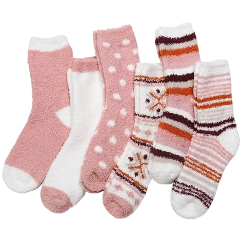 Horuru Women's Fuzzy Cozy Slipper Socks Pink White - Winter Warm Gift