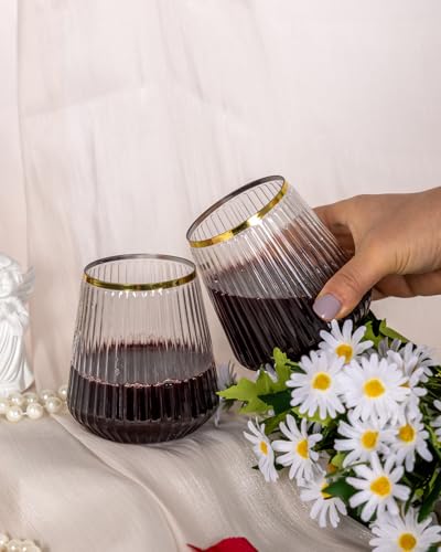 36 Pack 12oz Stemless Plastic Wine Glasses with Gold Rim, Ribbed Design