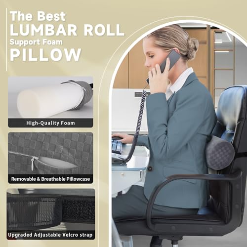 Lumbar Roll Pillow for Lower Back Pain Relief - Ergonomic Foam Cushion with Adjustable Strap & Removable Cover