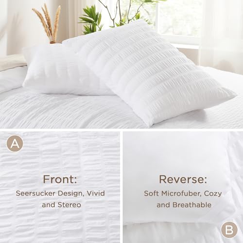 Seersucker Queen Comforter Set - 3 Piece Soft Washed Microfiber Bedding, White