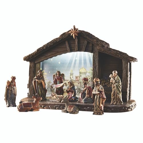 LED Nativity Scene Set with Stable and Holy Family - 11-Piece Christian Christmas Decoration