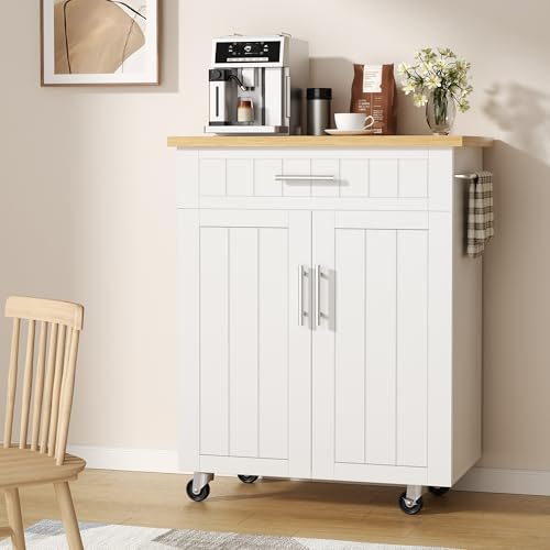 Rolling Kitchen Island Cart with Storage Cabinet & Wheels - White