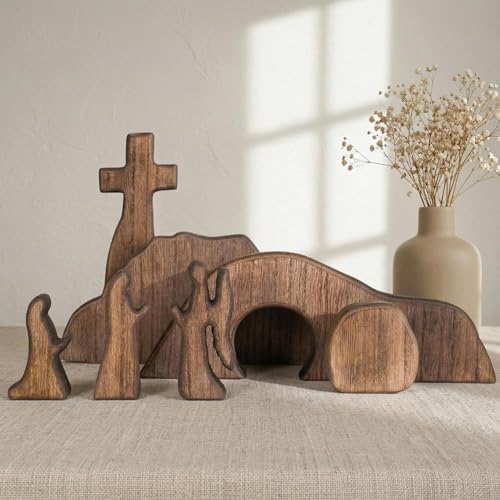Wooden Easter Resurrection Scene Decor - 7-Piece Empty Tomb Tabletop Set