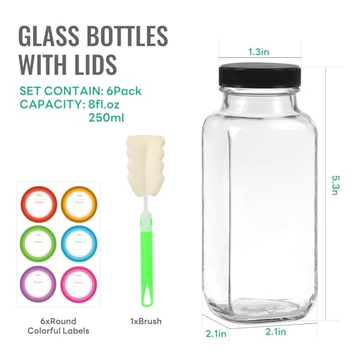 CAKKVDE 8 oz Glass Juice Bottles with Lids 6 Pack | Reusable Square Drink Bottles