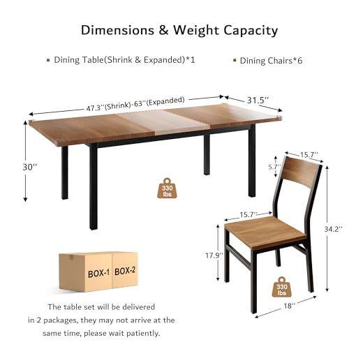 7-Piece Extendable Dining Table Set with 6 Chairs, Walnut Wood Finish