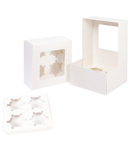 qiqee Auto-pop Up 4 Cupcake Boxes with Window White 30 Packs Cupcake Box 6.3"x6.3"x3" Bakery Boxes For Cupcakes Carrier, Cupcake Containers