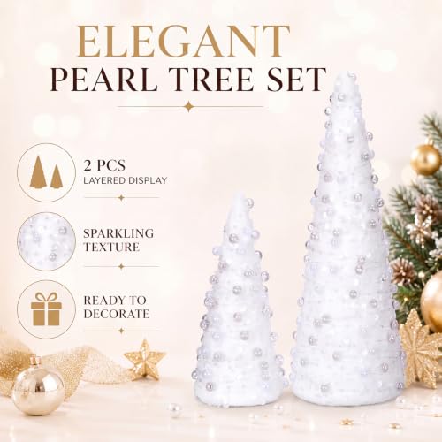 2 Sets Pearl Mini Christmas Tree Decorations - 2 Sizes, Elegant Tabletop Holiday Decor
