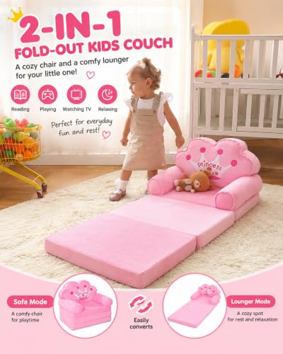 MOONBEEKI Kids Foldable Princess Couch - Toddler Sofa & Play Seat, Pink