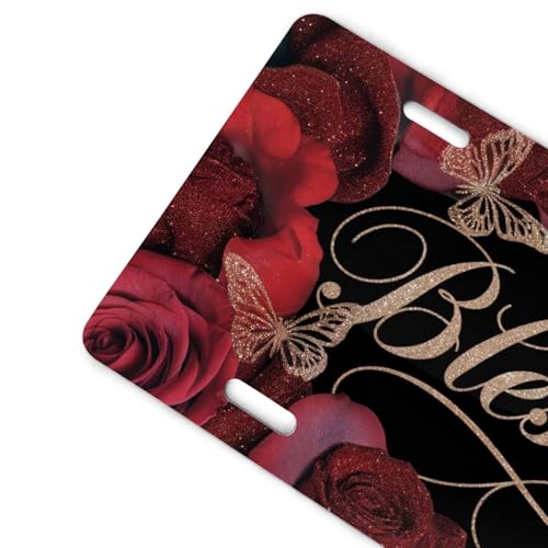 Blessed Red Rose Butterfly Decorative License Plate - 6x12 Aluminum Wall Sign