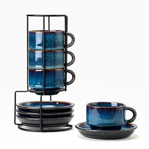 Midnight Tide Porcelain Stackable Espresso Cups & Saucers Set with Metal Stand, 7.4 oz Coffee & Tea Cups