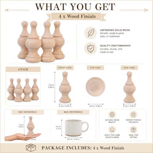 4 Pcs Unfinished Wood Finials, 5.9-Inch Decorative Post Caps for Furniture