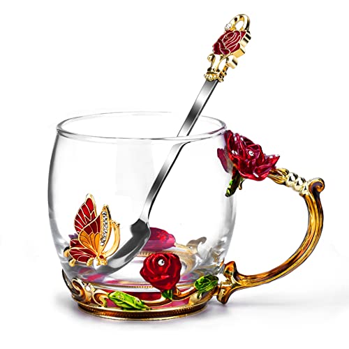 3D Enamel Glass Flower Tea Mug with Matching Spoon, Heat Resistant Cup