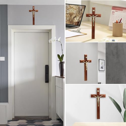 12-Inch Wooden Crucifix Wall Cross with Antique Brass Jesus Corpus