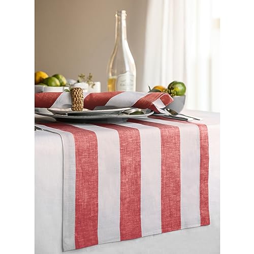 Solino Home 100% Linen Table Runner Red & White Stripe 14 x 90 Inch – 6–8 Seater
