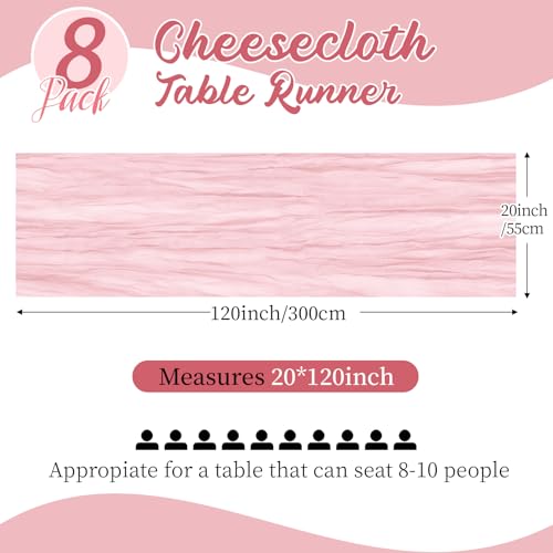 8 Pack Light Pink Cheesecloth Table Runners, 20x120 Inch Gauze Table Decor