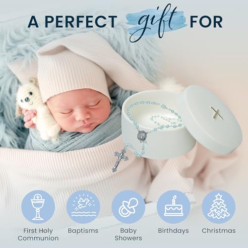 Boys Baptism Gift Set - Blue Rosary with Ceramic Keepsake Box & Card