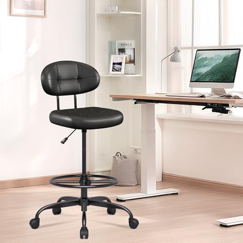 Tall Drafting Chair with Footrest - Adjustable Faux Leather Office Stool