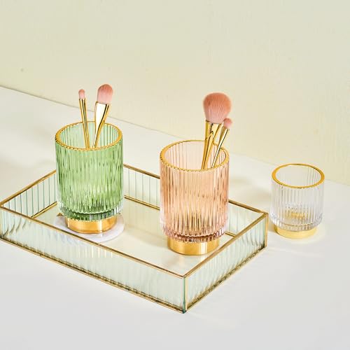 Large Green Glass Makeup Brush & Toothbrush Holder Organizer with Gold Base