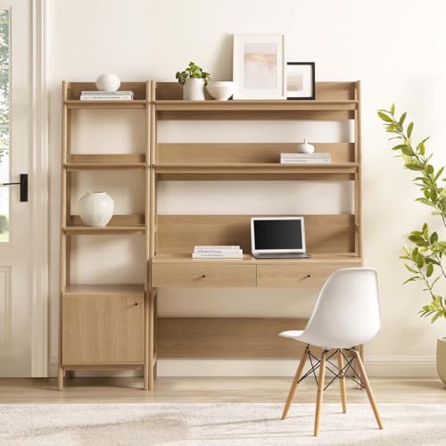 2-Piece Mid-Century Modern Home Office Desk and Bookshelf Set in Oak