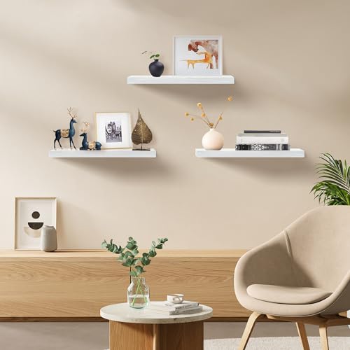 White Floating Shelves - 16-Inch Wall Mounted Display Shelves, Set of 3