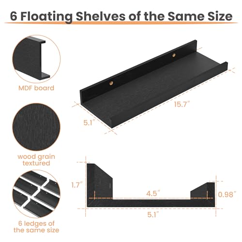 Black Floating Shelves Set of 6 - 15.7 Inch Wall Mounted Wood Shelves
