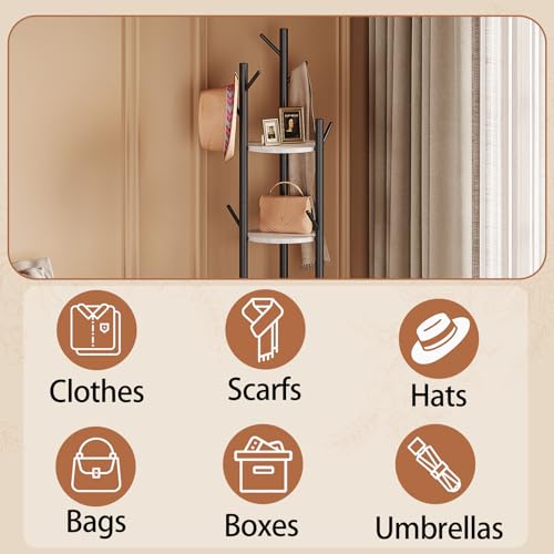 Rotating Coat Rack Stand with 9 Hooks and 4-Tier Storage Shelves, Grey