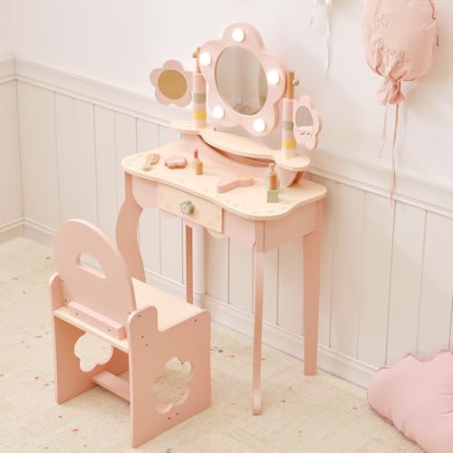 Kids Vanity Table and Chair Set with 3-Color LED Mirror and Accessories