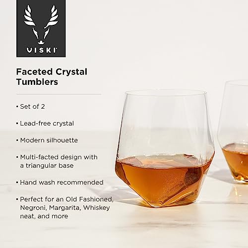 Faceted Viski Seneca Crystal Tumblers Set of 2, 11 oz Lowball Glasses for Whiskey & Cocktails