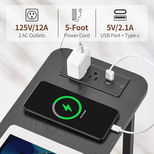 Narrow End Table with Charging Station, 2 Drawers and Smart LED Light