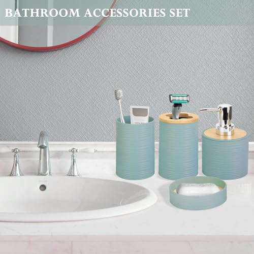 4-Piece Bamboo Bathroom Accessory Set, Aqua Boho Soap Dispenser and Holder