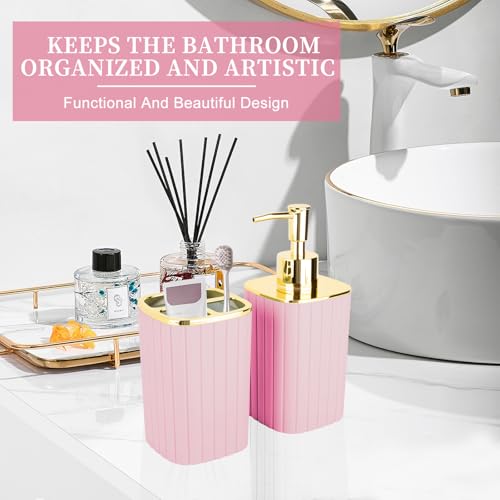2-Piece Pink Bathroom Accessory Set with Soap Dispenser & Toothbrush Holder