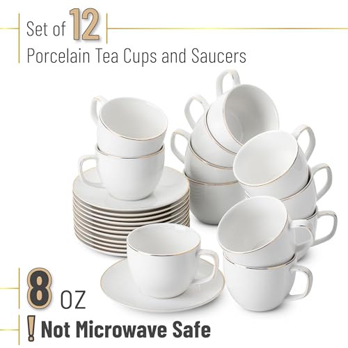 Daisy White Gold Trim 8oz Coffee & Tea Cups with Saucers Set of 12 – Brew To A Tea