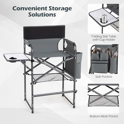 Folding Tall Director Chair with Side Table and Storage Pockets, 26" Seat